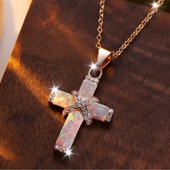 Opal Cross Pendant Necklace - Picture 9 of 12